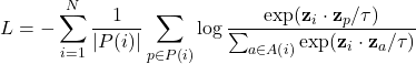 \[ L = -\sum_{i=1}^{N}\frac{1}{|P(i)|}\sum_{p\in P(i)}\log\frac{\exp(\mathbf{z}_i\cdot\mathbf{z}_p/\tau)}{\sum_{a\in A(i)}\exp(\mathbf{z}_i\cdot\mathbf{z}_a/\tau)} \]