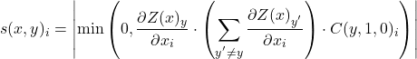 \[ s(x,y)_i =  \left|\min \left(0, \frac{\partial Z(x)_y}{\partial x_i} \cdot \left(\sum_{y^{'} \neq y} \frac{\partial Z(x)_{y^{'}}}{\partial x_i}\right) \cdot C(y, 1, 0)_i\right)\right| \]