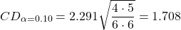 \begin{equation*} CD_{\alpha=0.10}=2.291 \sqrt{\frac{4 \cdot 5}{6 \cdot 6}} = 1.708 \nonumber \end{equation*}