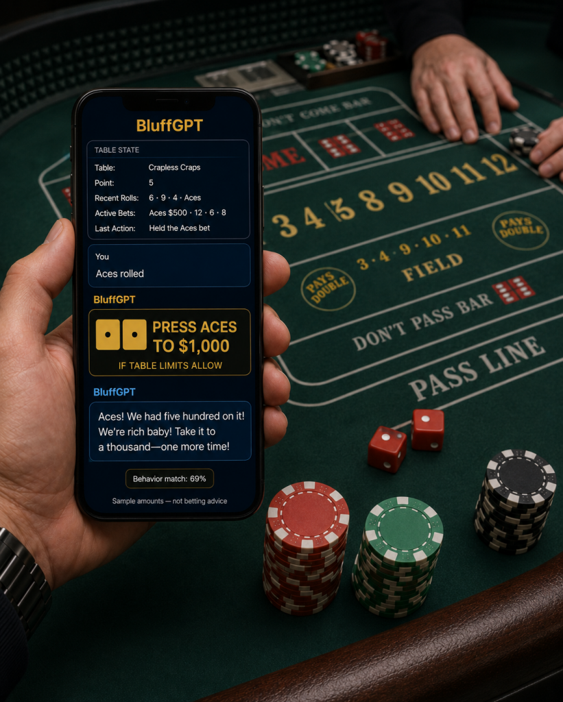 Dice show aces while BluffGPT recommends increasing a sample aces bet, subject to table limits.